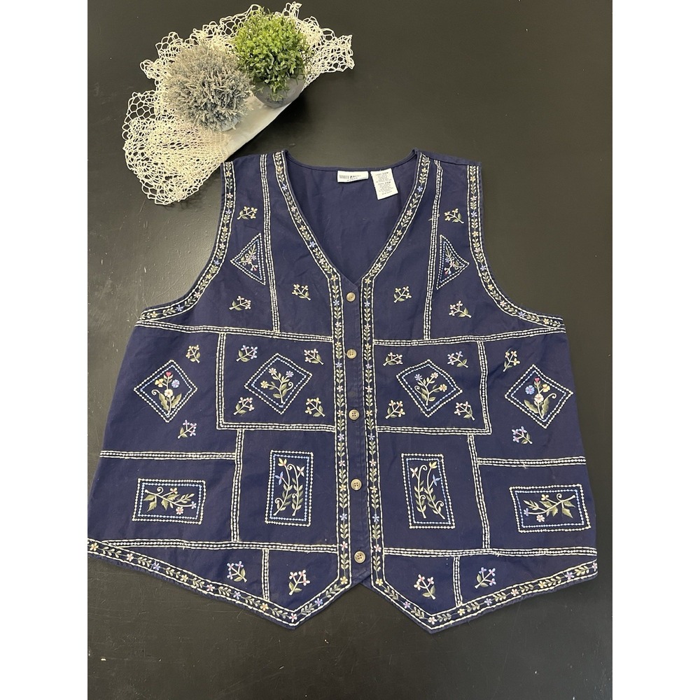 White Stag 90s Y2k Navy Blue Floral Cottagecore Embroidered Vintage Vest Sz 24 W